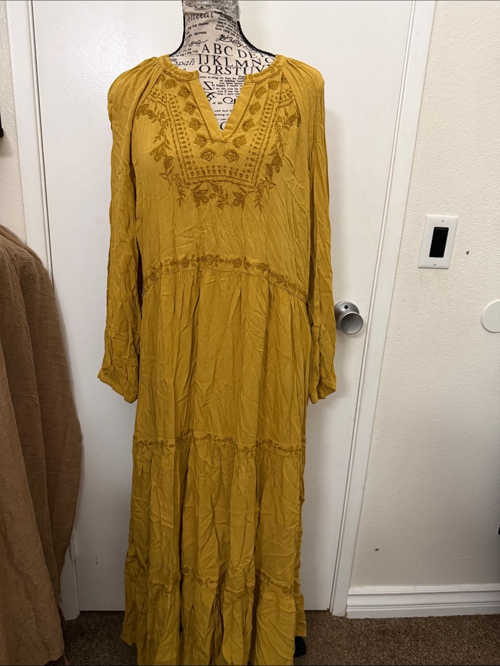 Mustard Embroidered V‑Neck Maxi Dress - Women